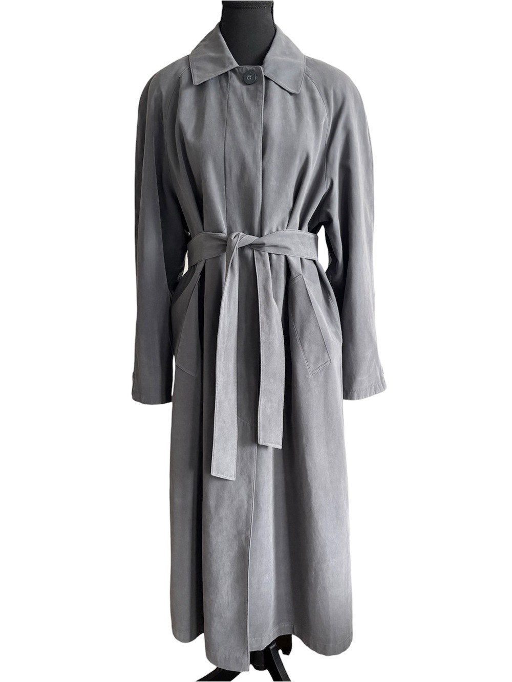 London Fog Raglan Sleeve Single Breasted Gray Belted Trench Coat Longline